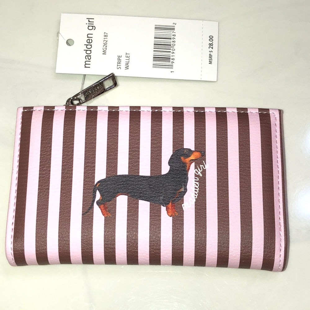 Madden Girl Pink & Brown Striped Bifold Faux Leather Wallet Dachshund Accent NWT - Picture 5 of 16
